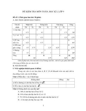 Đề kiểm tra môn Toán, học kì I, lớp 9 - Đề số 1